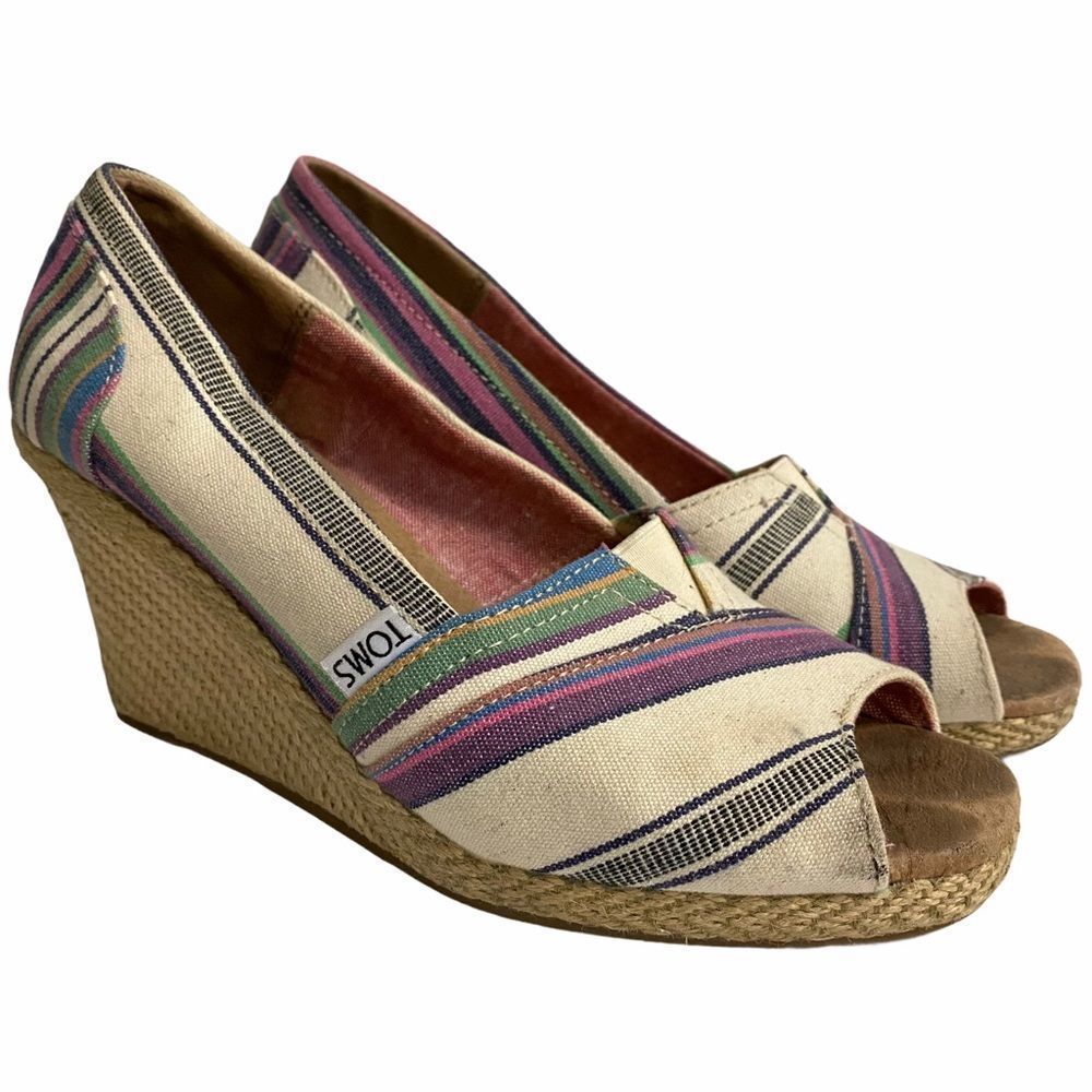 TOMS Blue Pink Village Stripe Wedge Sandal W8
